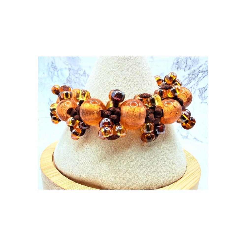 Honey Brown Glass Bead Woven Cord Bracelet Copper Tone Toggle 8" Boho